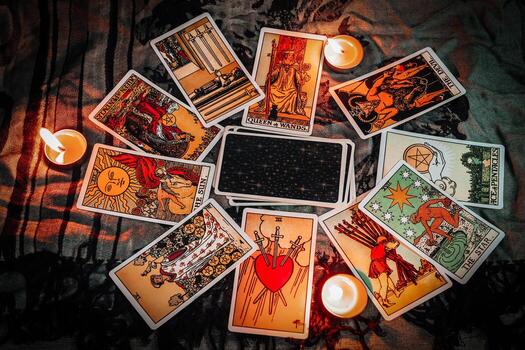 tarot-reading-with-tarot-card-background-and-candlelight-on-the-table-for-astrology-occult-magic-spiritual-horoscopes-and-palm-reading-fortune-teller-tarot-reader-free-photo